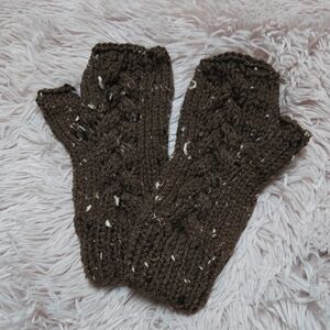 Handknit Fingerless cabled pattern mittens wrist warmers gloves Brown Tweed 9"
